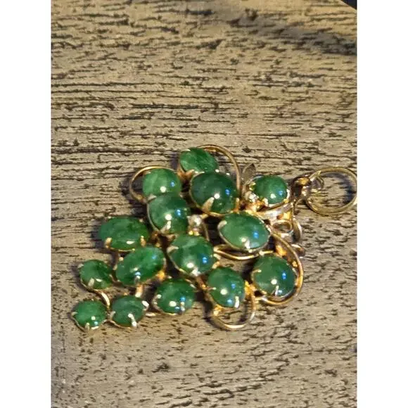 14K Solid Gold Natural Green Jadeite Grape Cluster Pendant Cabochon Vintage